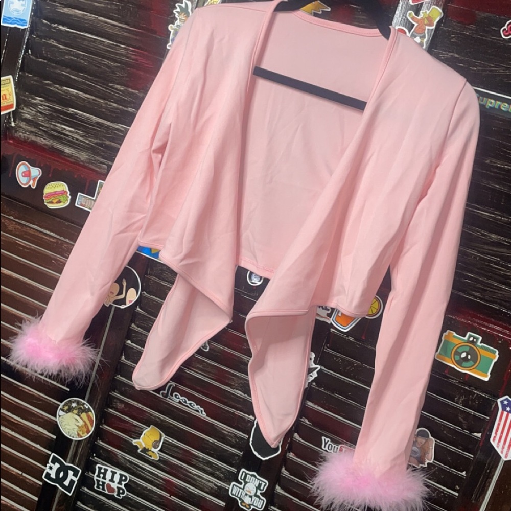 COPY - “Barbie Type” Long Sleeve Fur V-neck Bandage Crop